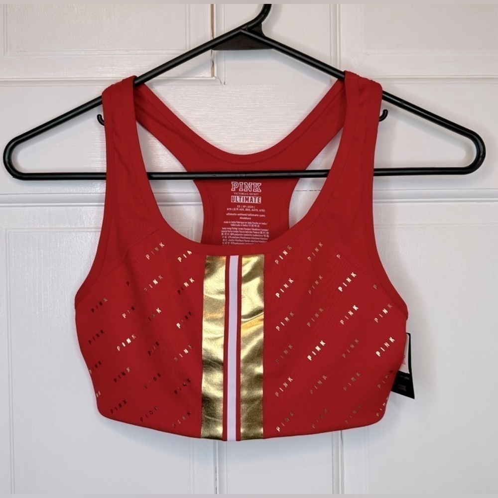 PINK Victoria's Secret Ultimate Racerback Worn 1 Sports Bra Red/MetallicGold XS